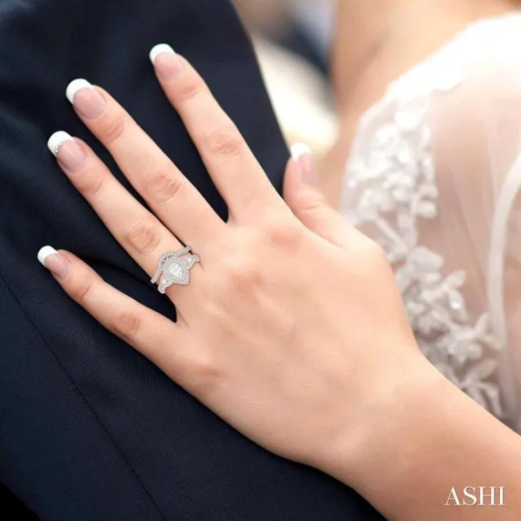 1 1/6 ctw Round Cut Diamond Wedding Set With 1 ctw Pear Cut Engagement Ring and 1/6 ctw Curved Center Wedding Band in 14K White Gold