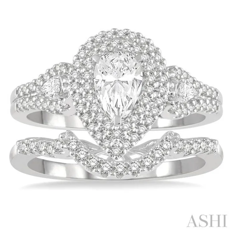 1 1/6 ctw Round Cut Diamond Wedding Set With 1 ctw Pear Cut Engagement Ring and 1/6 ctw Curved Center Wedding Band in 14K White Gold