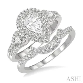 1 1/6 ctw Round Cut Diamond Wedding Set With 1 ctw Pear Cut Engagement Ring and 1/6 ctw Curved Center Wedding Band in 14K White Gold