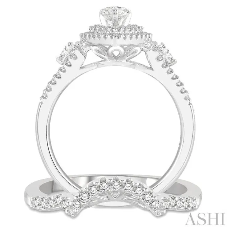 1 1/6 ctw Round Cut Diamond Wedding Set With 1 ctw Pear Cut Engagement Ring and 1/6 ctw Curved Center Wedding Band in 14K White Gold
