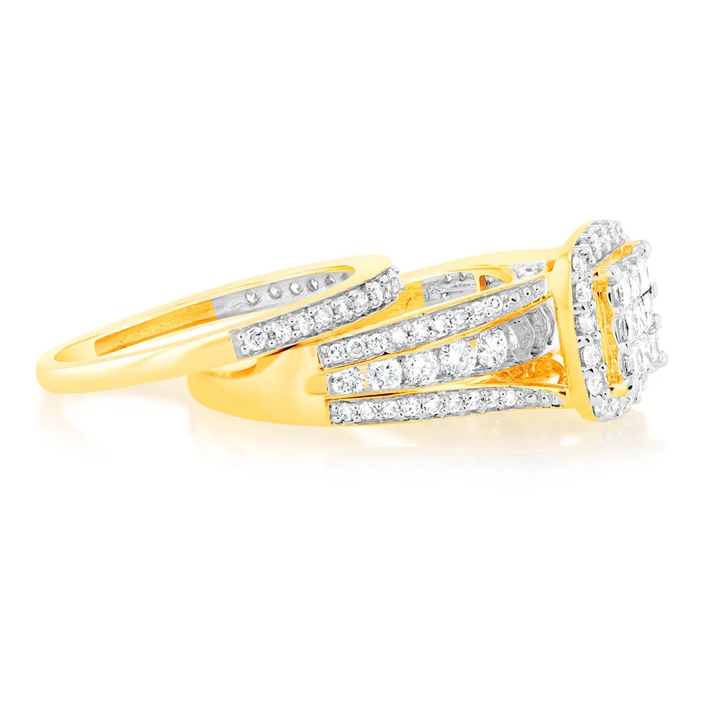 1.40 Carat Diamond Cushion Shape Bridal Set in 10ct Yellow Gold