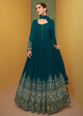 Appealing Teal Blue Wedding Embroidered Bridal Anarkali Gown