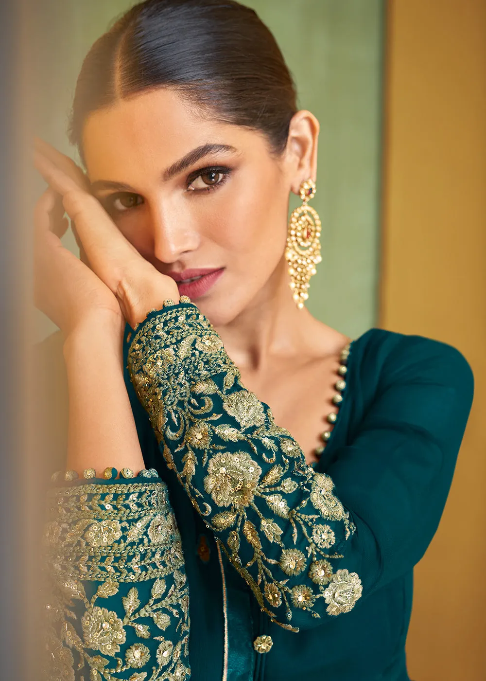 Appealing Teal Blue Wedding Embroidered Bridal Anarkali Gown