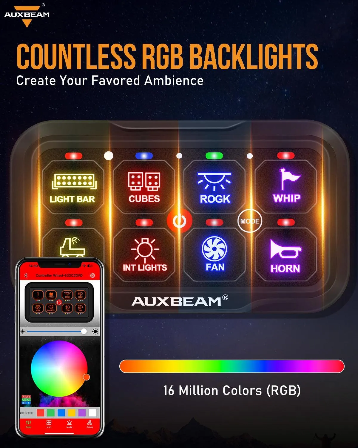AR-800 RGB Switch Panel with APP 12 Inch 5D-PRO LED Light Bar, Toggle/ Momentary/ Pulsed Mode Supported