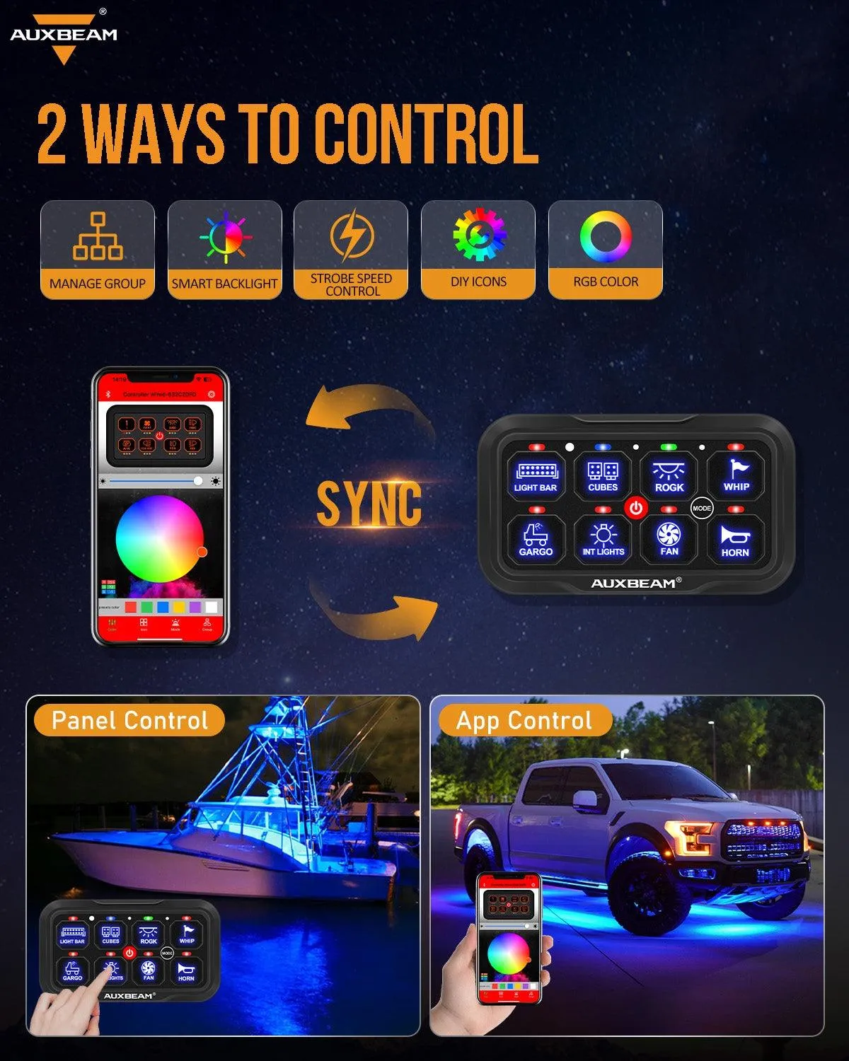 AR-800 RGB Switch Panel with APP 12 Inch 5D-PRO LED Light Bar, Toggle/ Momentary/ Pulsed Mode Supported