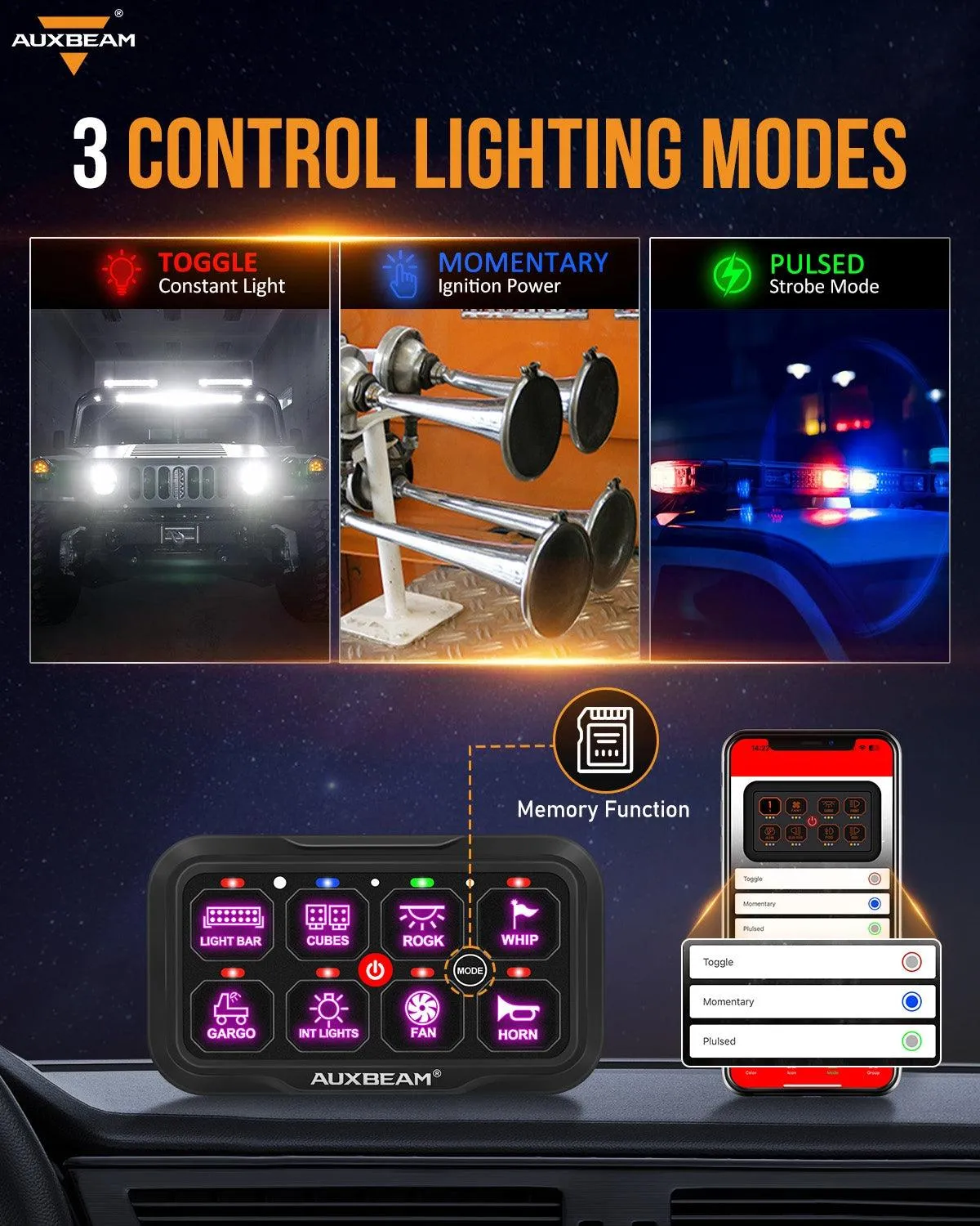 AR-800 RGB Switch Panel with APP 12 Inch 5D-PRO LED Light Bar, Toggle/ Momentary/ Pulsed Mode Supported