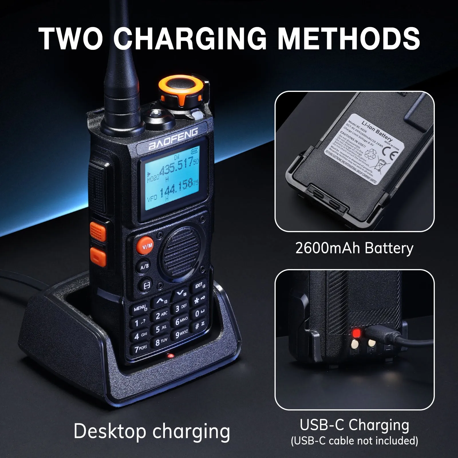 Baofeng K6 Tri-Band Radio | 5W | 999 CH | UHF/VHF/1.25M/NOAA/FM/Air Receiver |  Reverse Repeater Freq | 2600mAh Type-C Battery