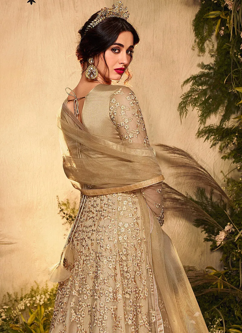 Beige Golden Embroidered Wedding Anarkali Suit