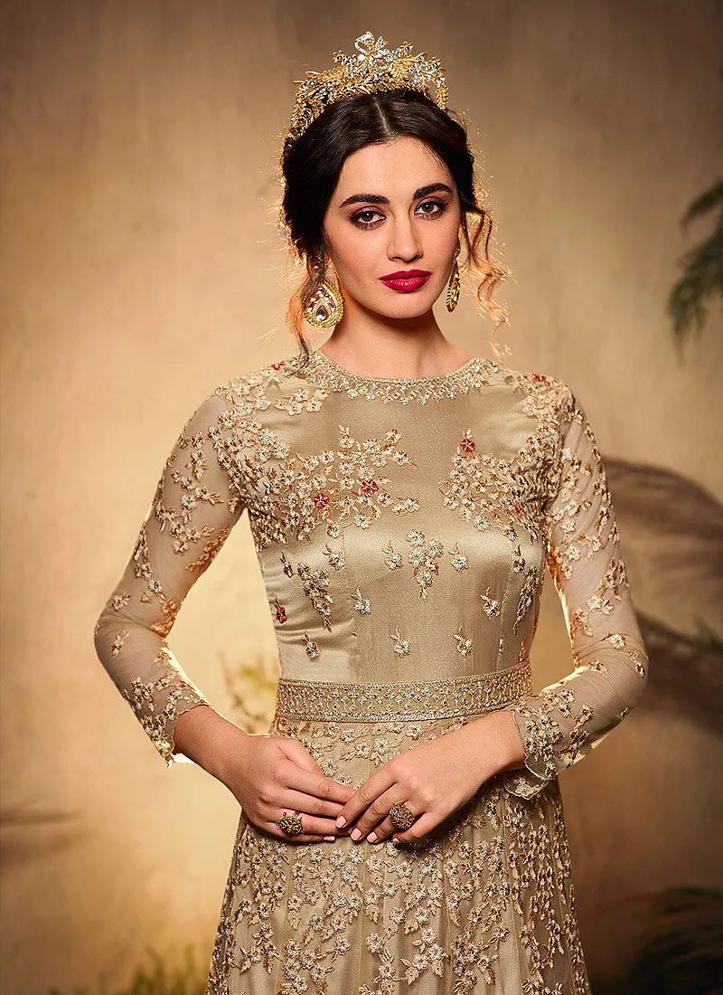 Beige Golden Embroidered Wedding Anarkali Suit