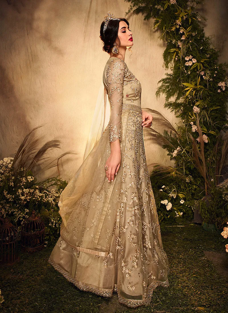Beige Golden Embroidered Wedding Anarkali Suit