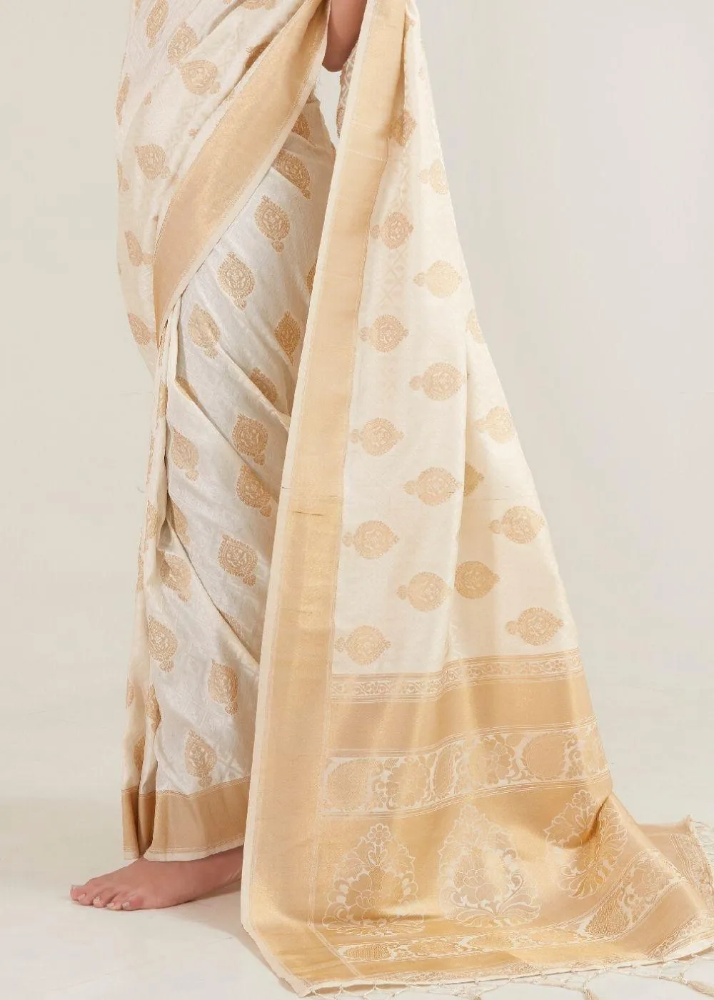 Beige White Zari Butta Woven Banasari Silk Saree | Stitched Blouse