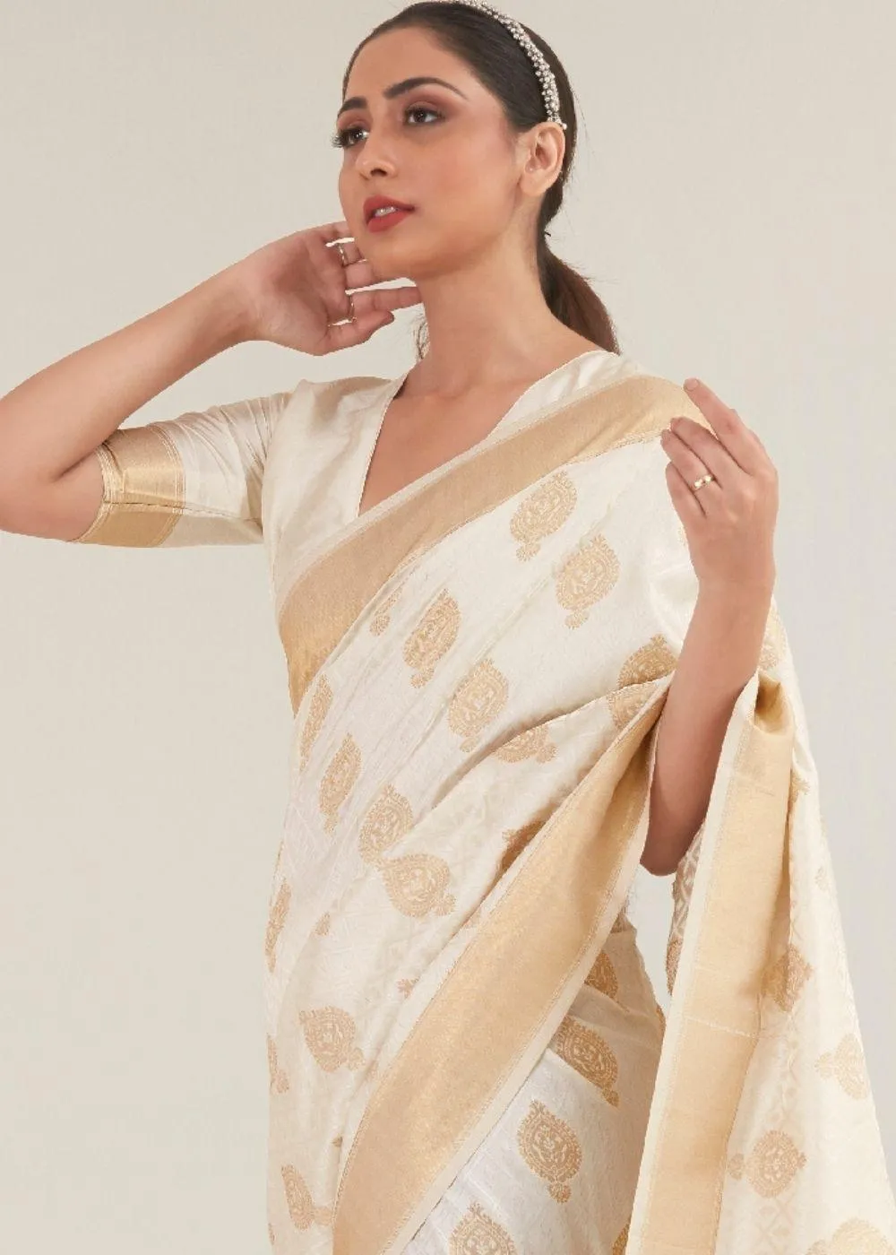 Beige White Zari Butta Woven Banasari Silk Saree | Stitched Blouse