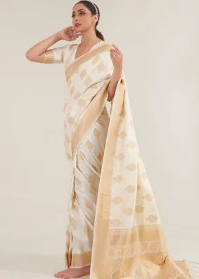 Beige White Zari Butta Woven Banasari Silk Saree | Stitched Blouse