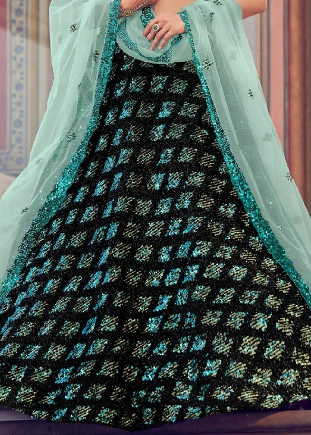 Black & Green Designer Lehenga Choli with Sequins work