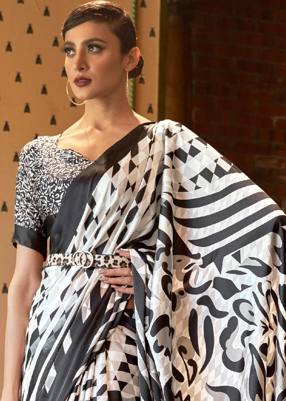 Black and White Satin Crepe Saree with Printed Stitched Blouse