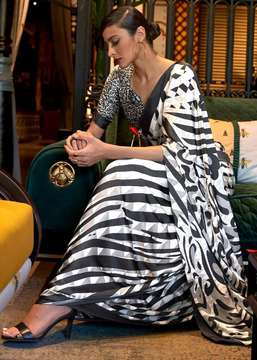 Black and White Satin Crepe Saree with Printed Stitched Blouse