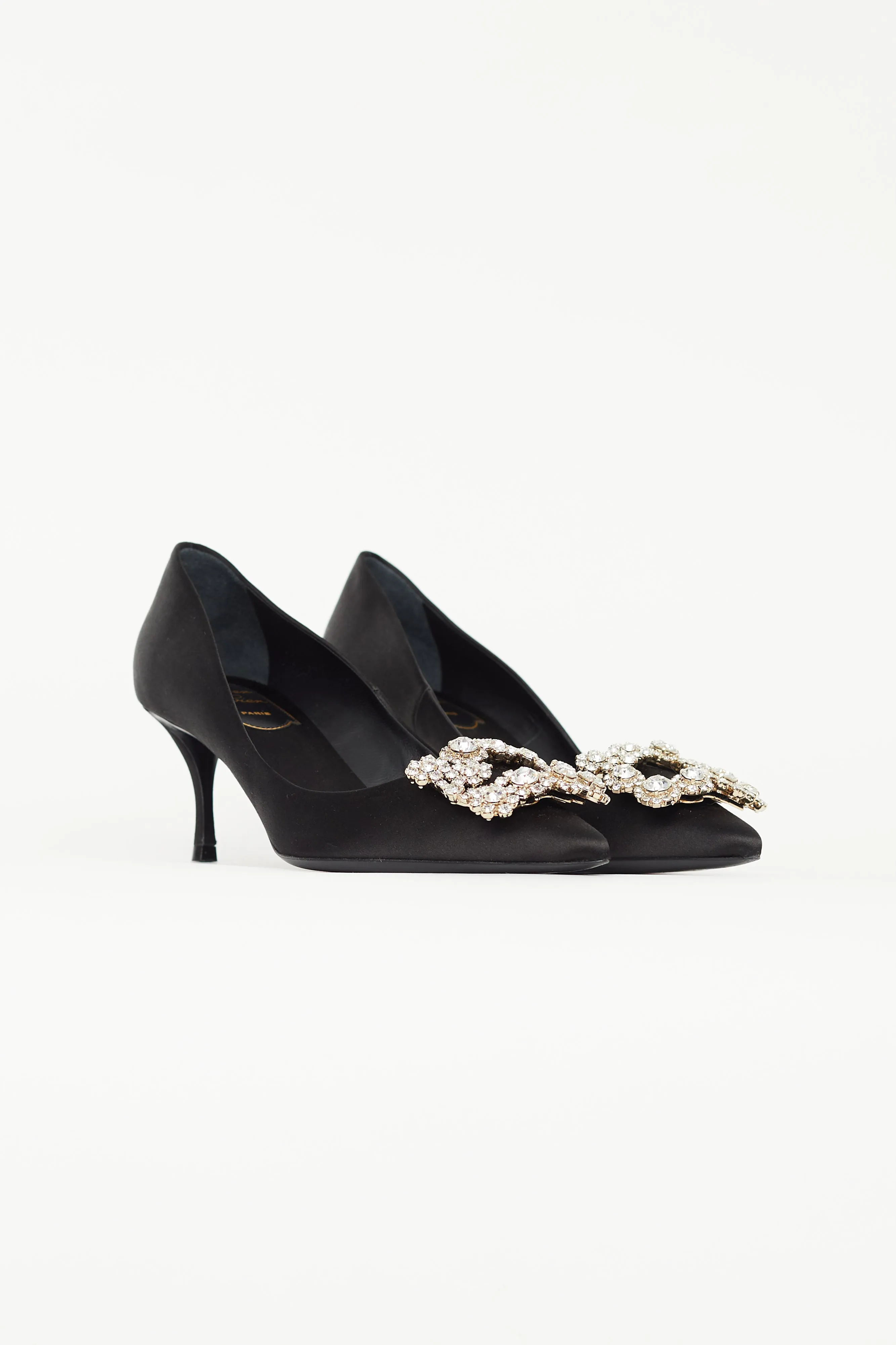 Black Satin Flower Strass Buckle Pump