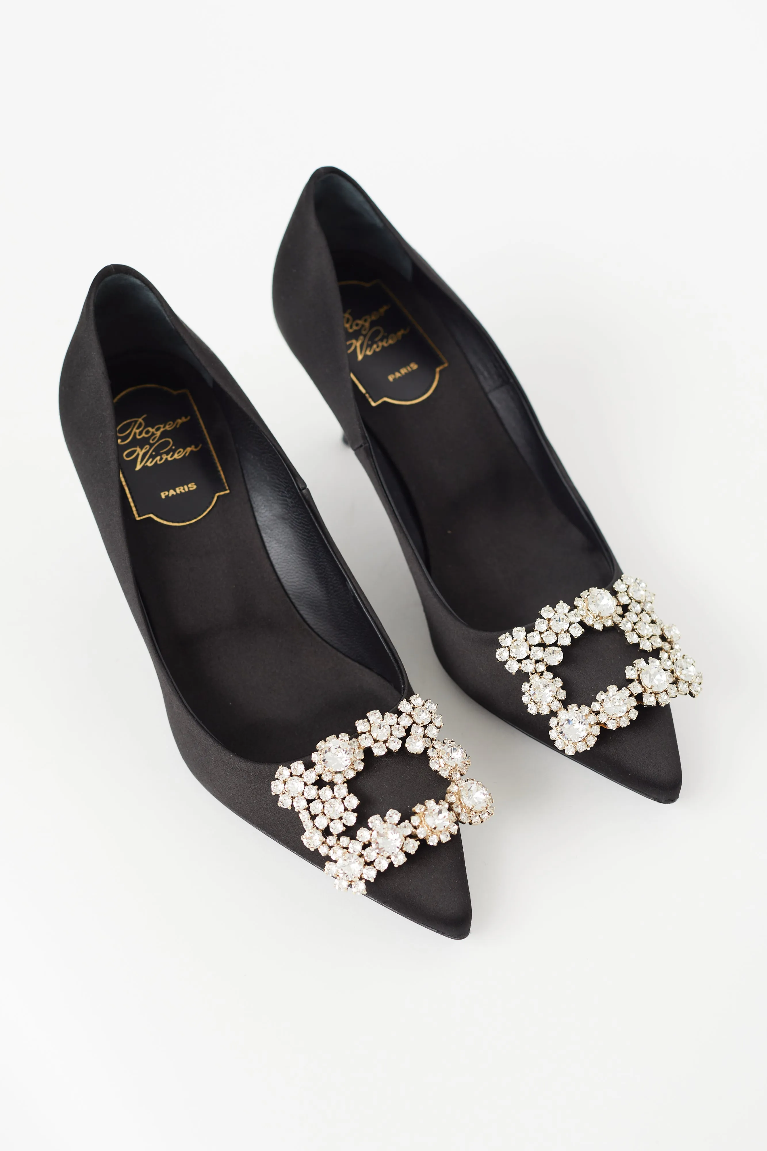Black Satin Flower Strass Buckle Pump