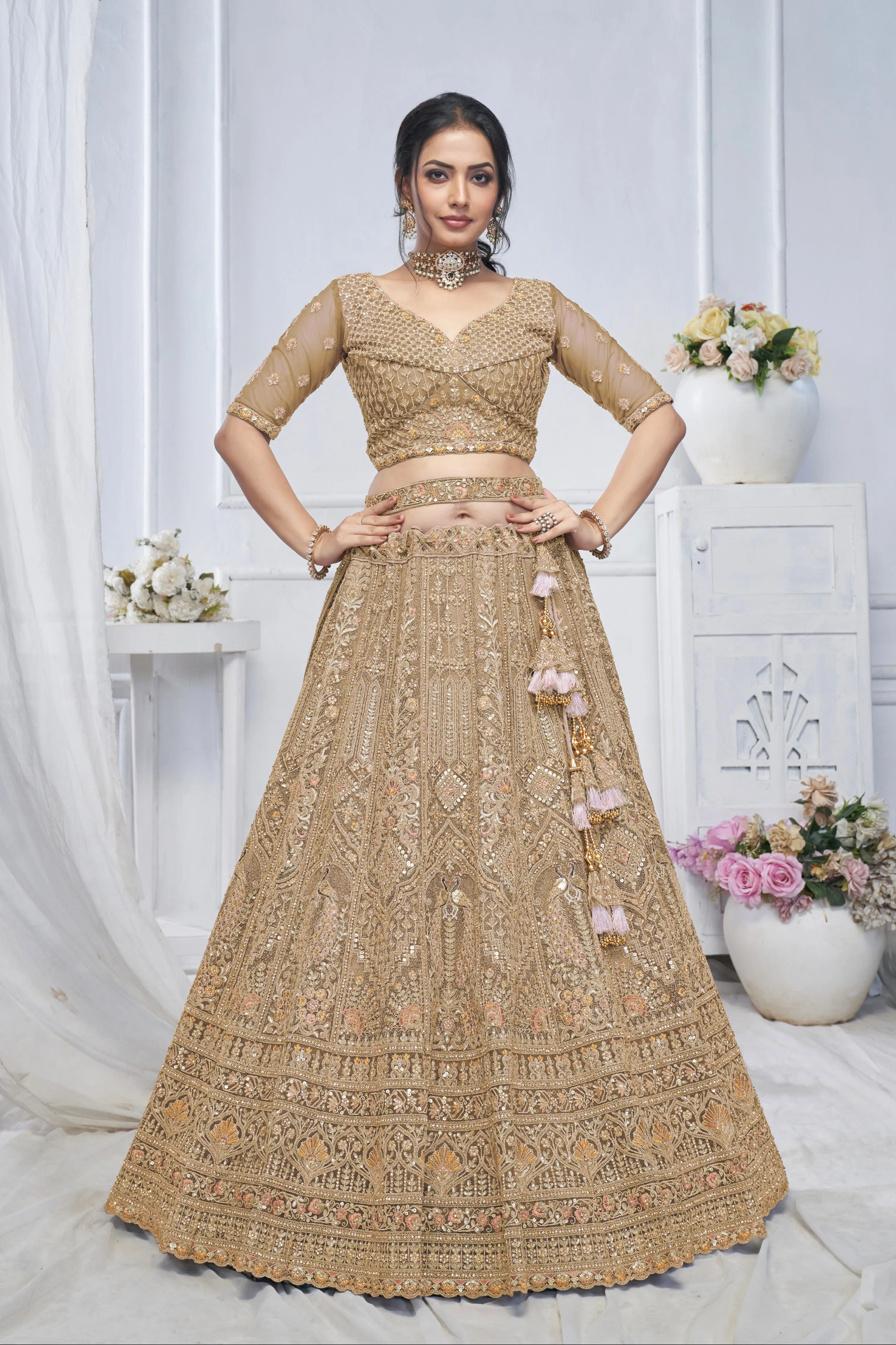 Bridal Brown Soft Net Lehenga with Paisley & Peacock Embroidery