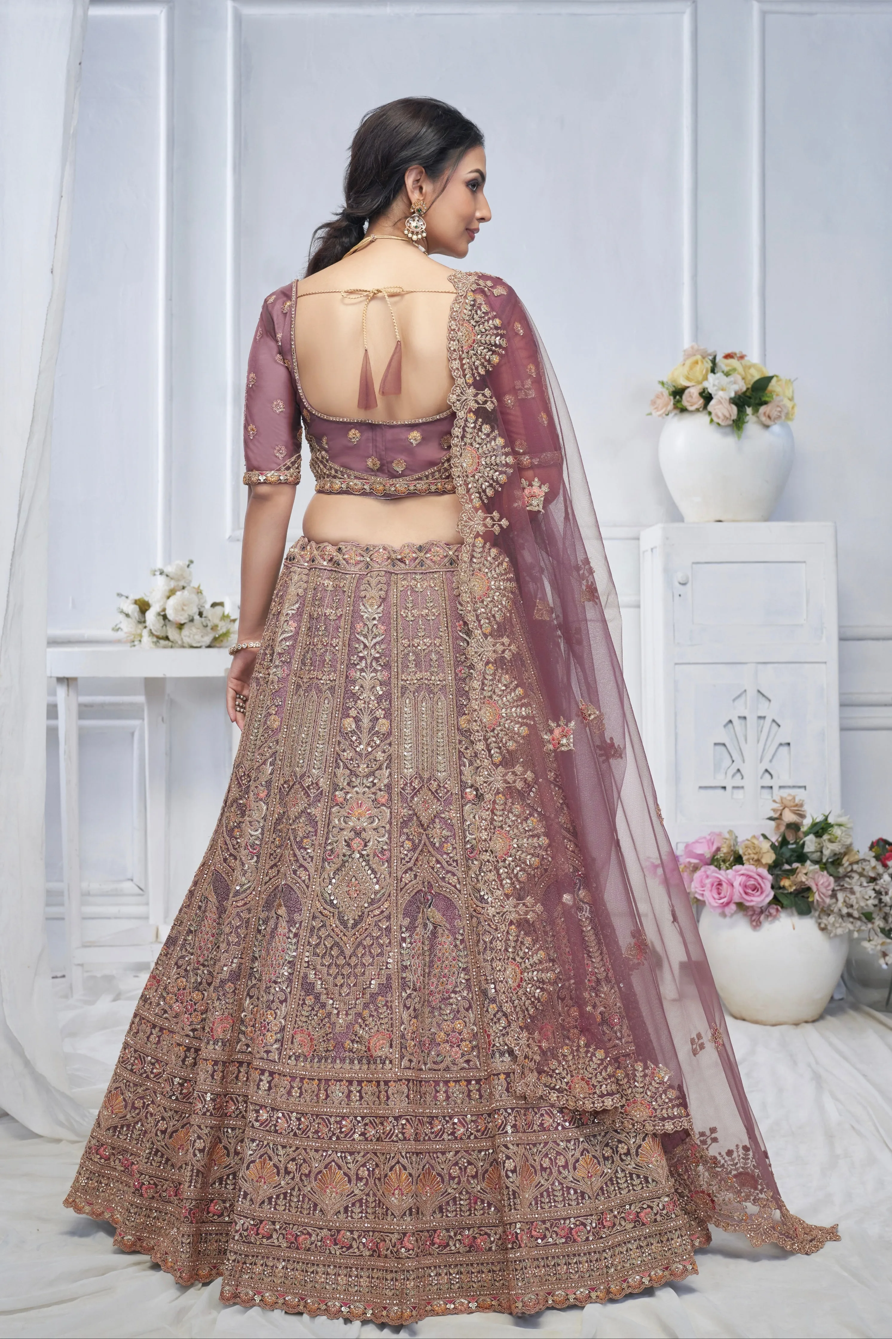 Bridal Mauve Soft Net Lehenga with Paisley & Peacock Embroidery