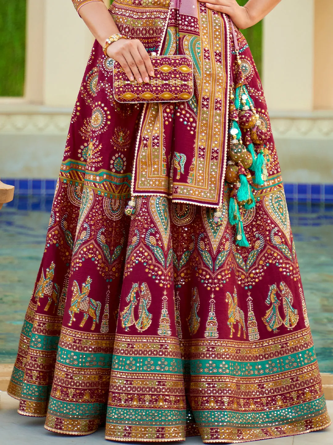 Burgundy Shade Designer Silk Ready to Wear Lehenga Choli With Sparkle & Mirror Work