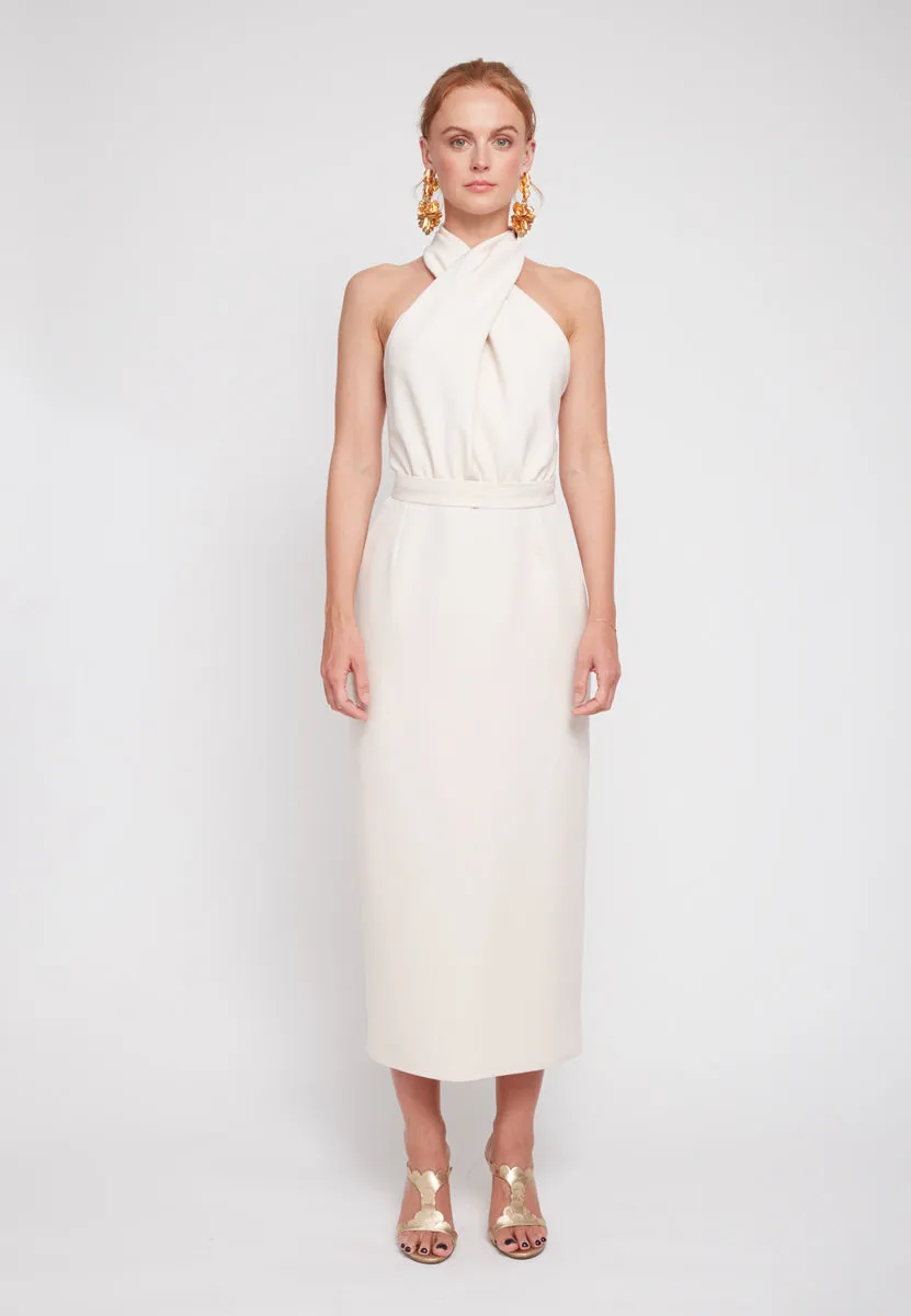 CELIA pastel cream X neck midi dress