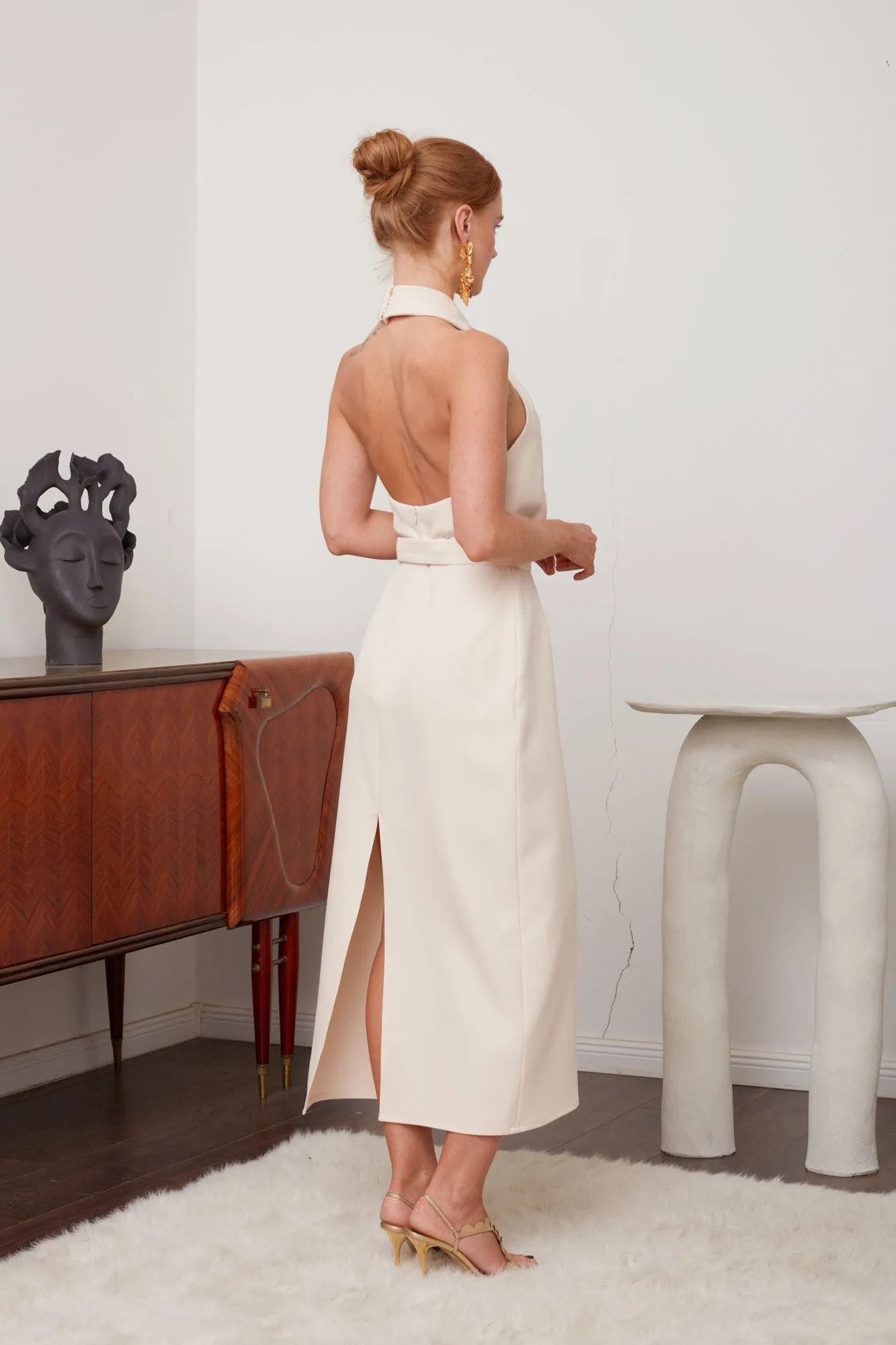 CELIA pastel cream X neck midi dress