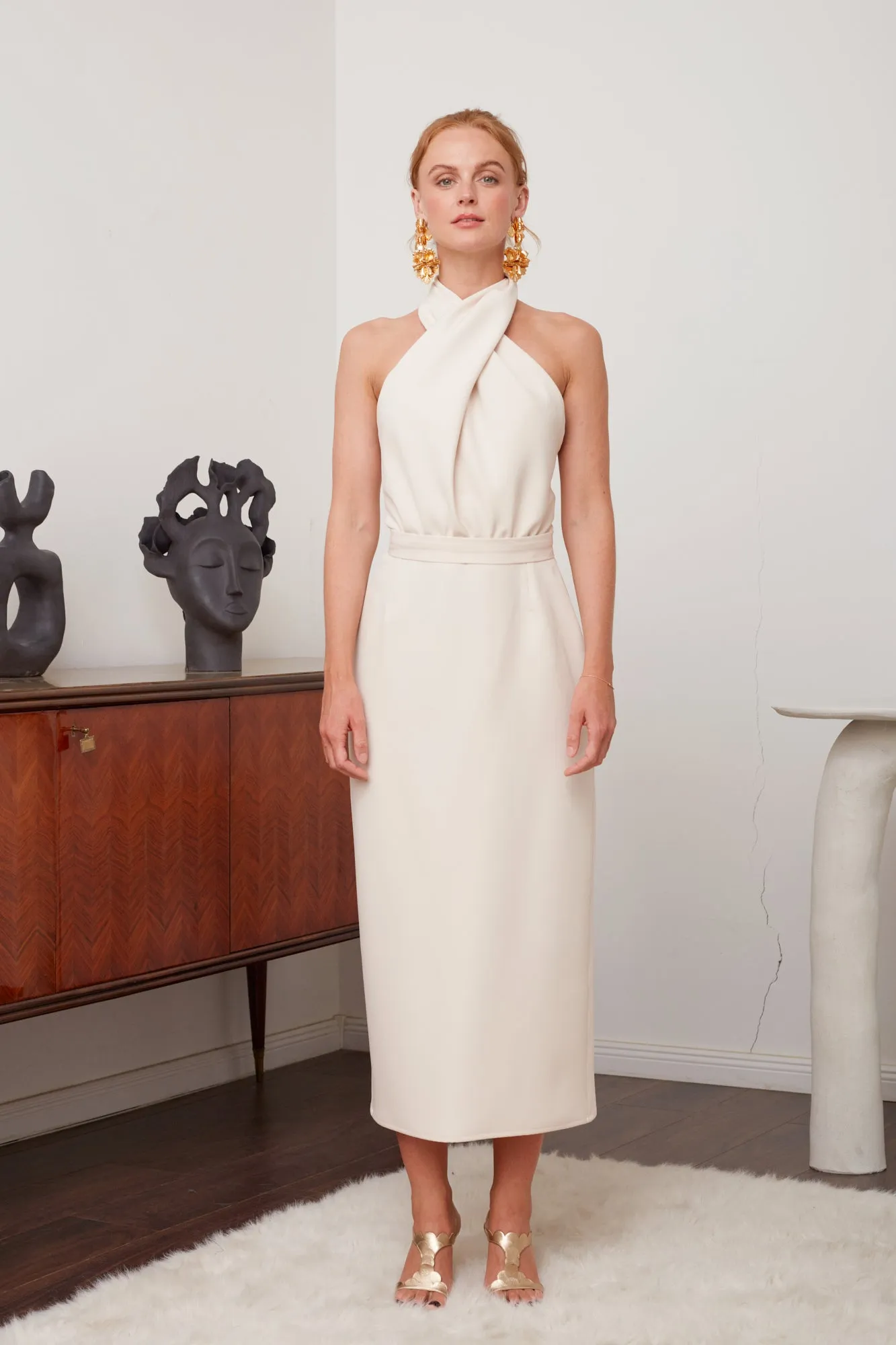 CELIA pastel cream X neck midi dress