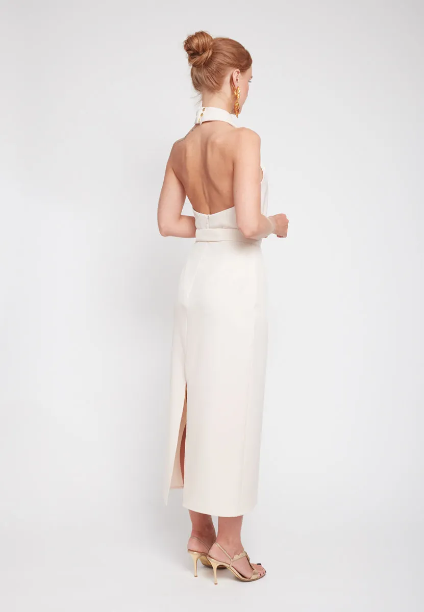 CELIA pastel cream X neck midi dress