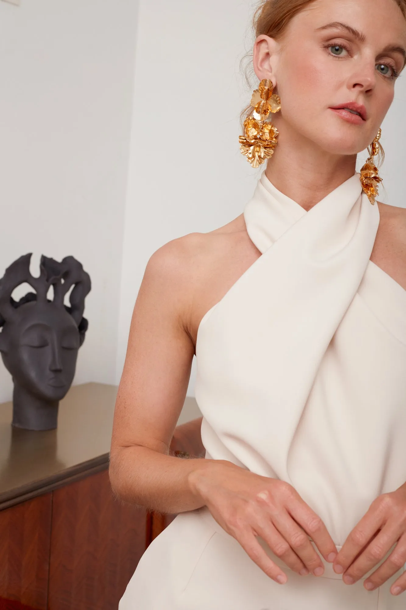 CELIA pastel cream X neck midi dress
