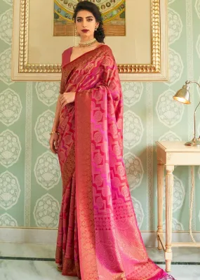 Cerise Pink Zari Woven Handloom Silk Saree | Stitched Blouse
