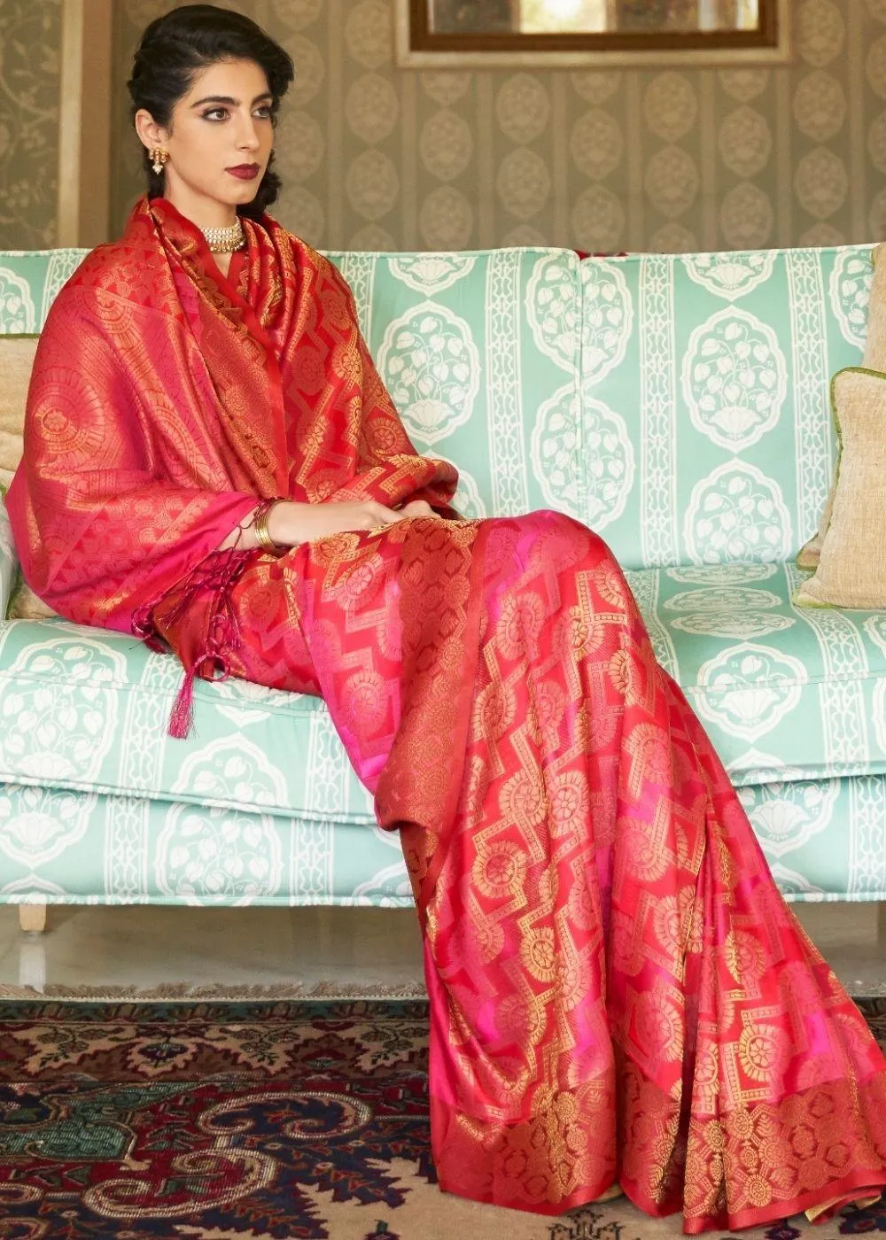 Cerise Pink Zari Woven Handloom Silk Saree | Stitched Blouse