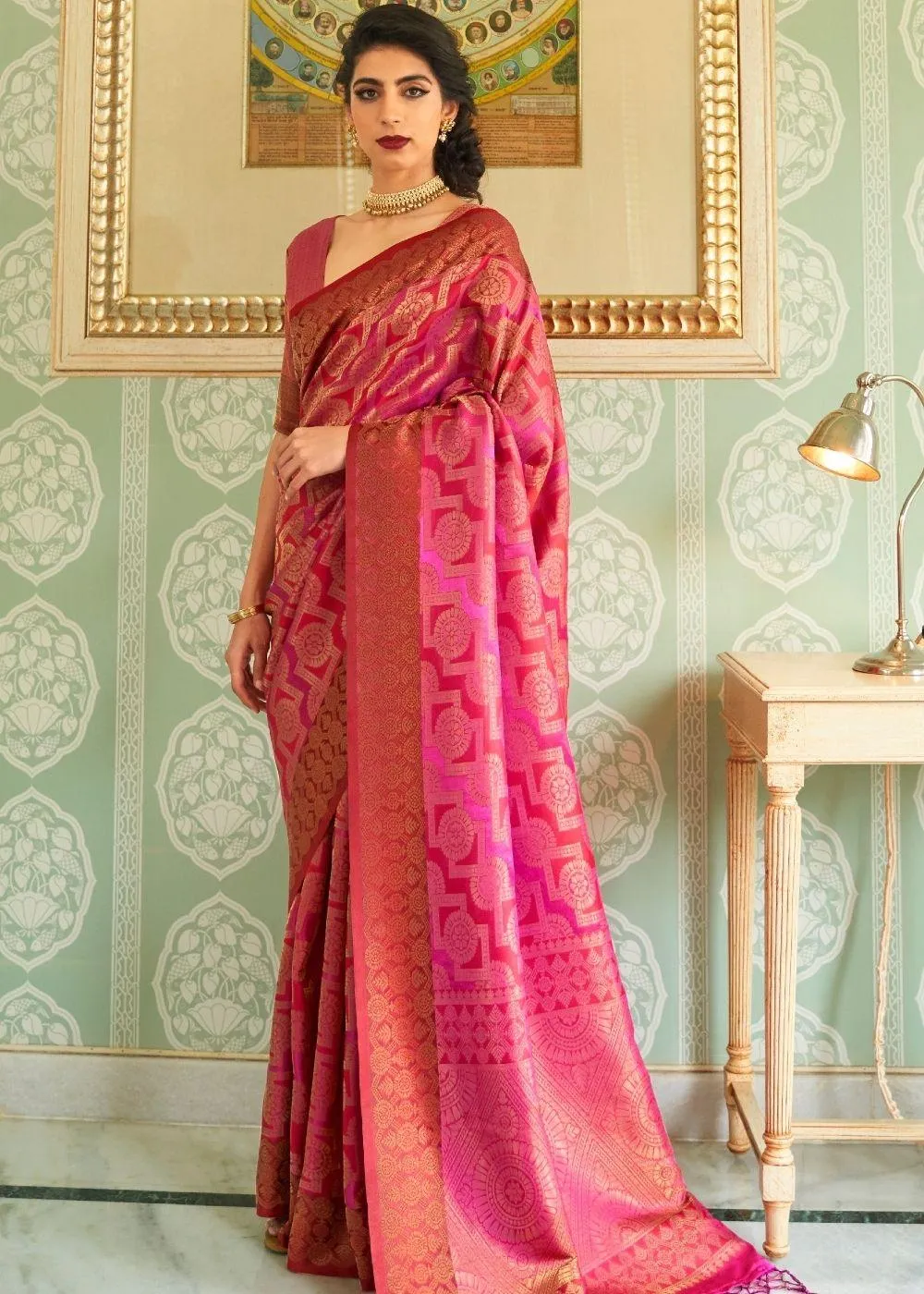 Cerise Pink Zari Woven Handloom Silk Saree | Stitched Blouse