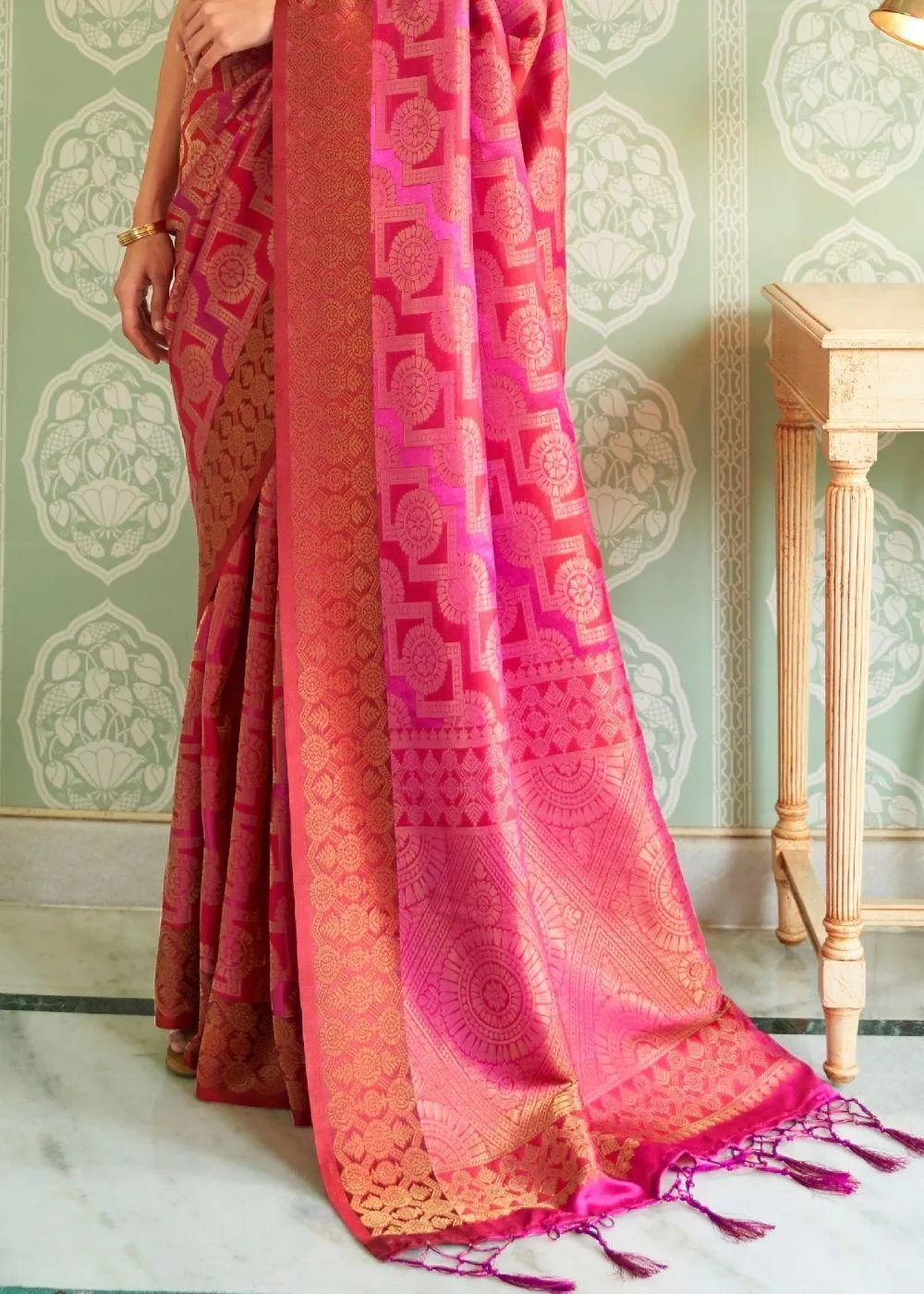 Cerise Pink Zari Woven Handloom Silk Saree | Stitched Blouse