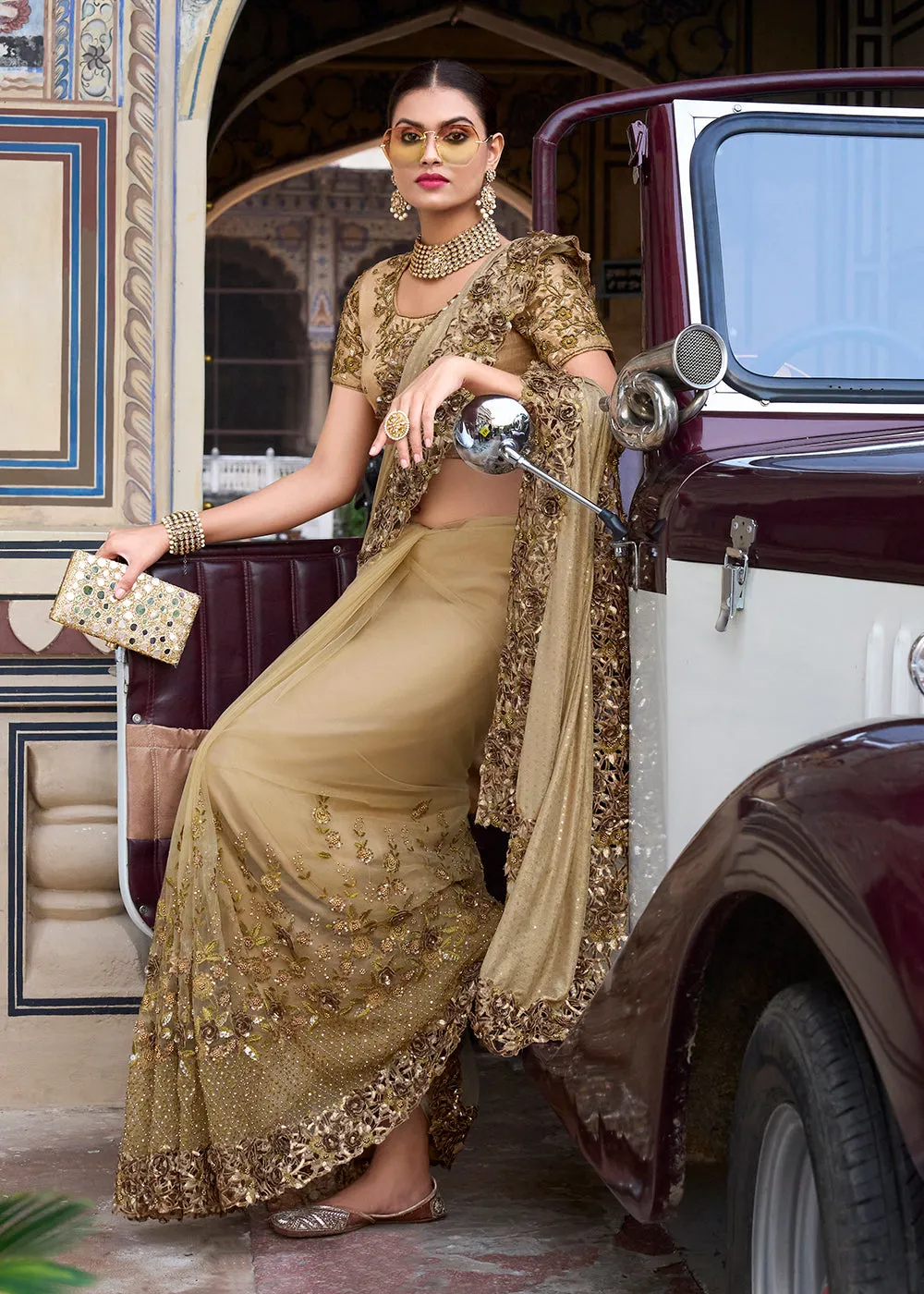 Chickoo Beige Applique Net Designer Bridal Party Wear Saree