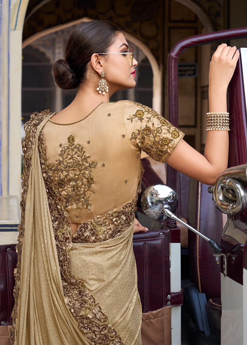 Chickoo Beige Applique Net Designer Bridal Party Wear Saree