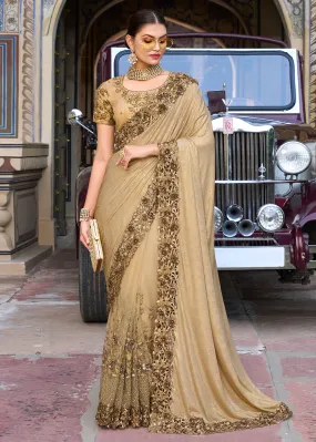 Chickoo Beige Applique Net Designer Bridal Party Wear Saree