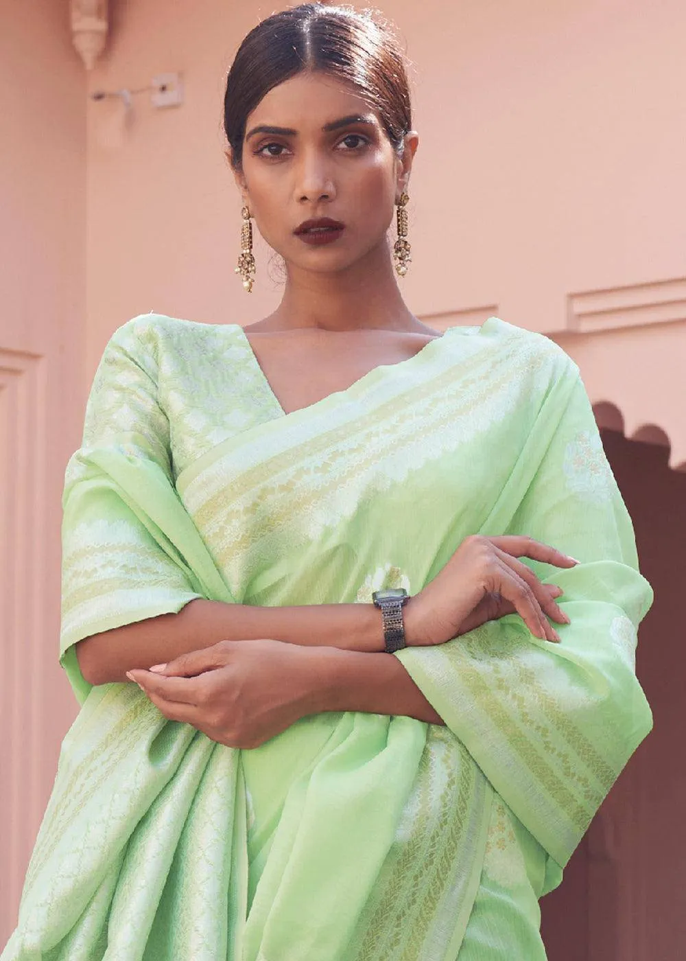 Chinoise Green Linen Silk Saree With Blouse