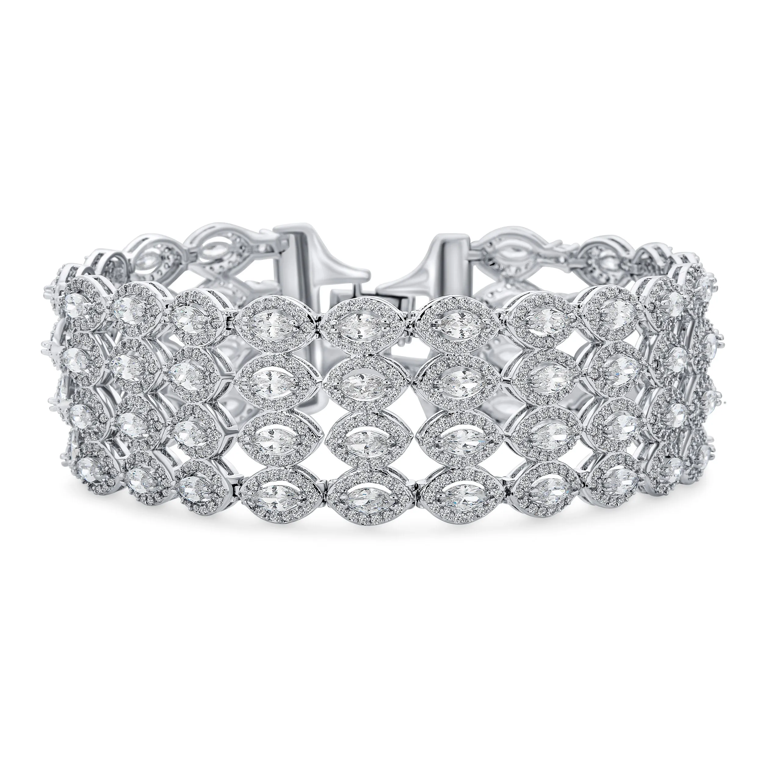 Classic Fashion Bridal Multi Row AAA CZ Wide Cluster Statement Bracelet Perfect Wedding