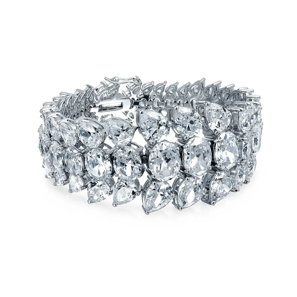 Classic Fashion Bridal Multi Row AAA CZ Wide Cluster Statement Bracelet Perfect Wedding