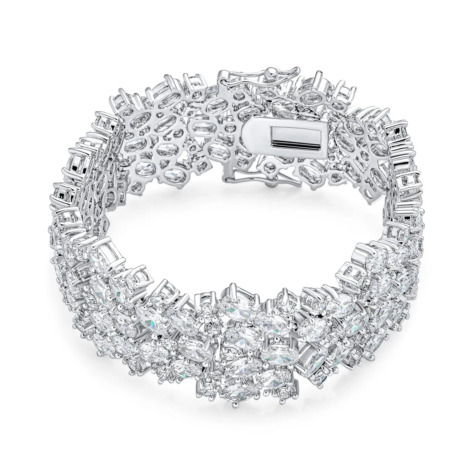 Classic Fashion Bridal Multi Row AAA CZ Wide Cluster Statement Bracelet Perfect Wedding