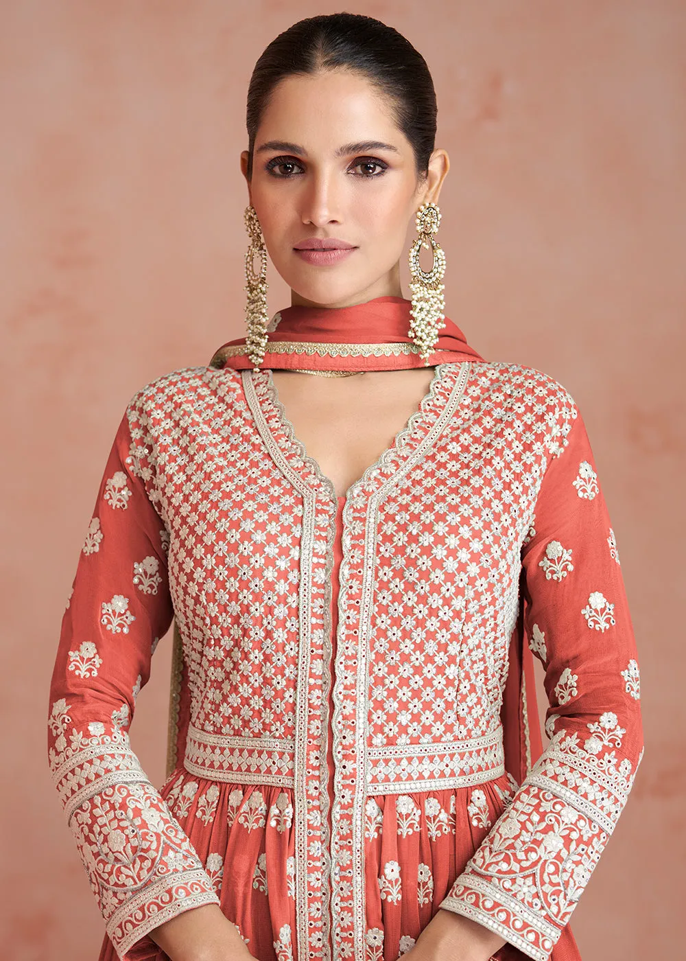 Coral Peach Slit Style Embroidered Georgette Skirt Anarkali Suit