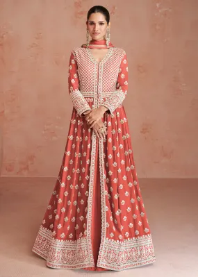 Coral Peach Slit Style Embroidered Georgette Skirt Anarkali Suit