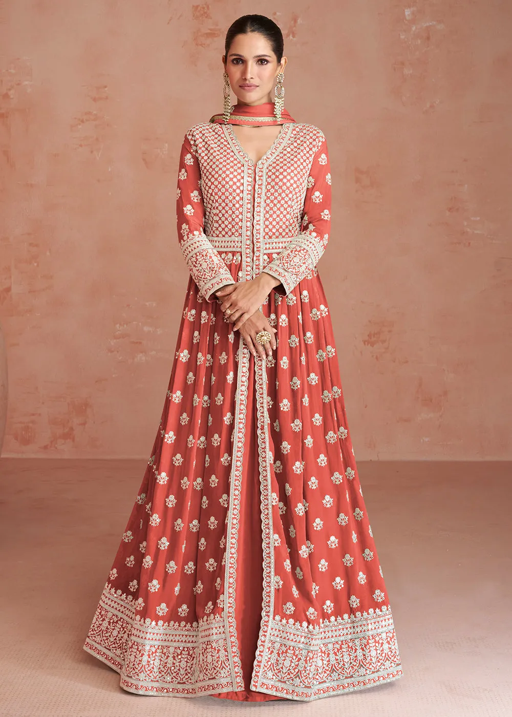 Coral Peach Slit Style Embroidered Georgette Skirt Anarkali Suit