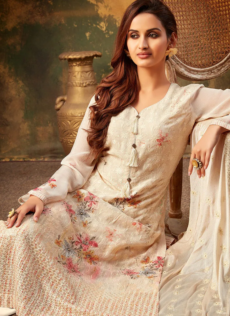 Cream Embroidered Pakistani Palazzo Suit