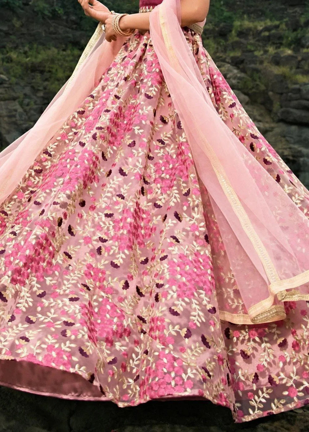 Creamy Pink Designer Soft Net Lehenga Choli with Thread & Zari work(Pre-Order)