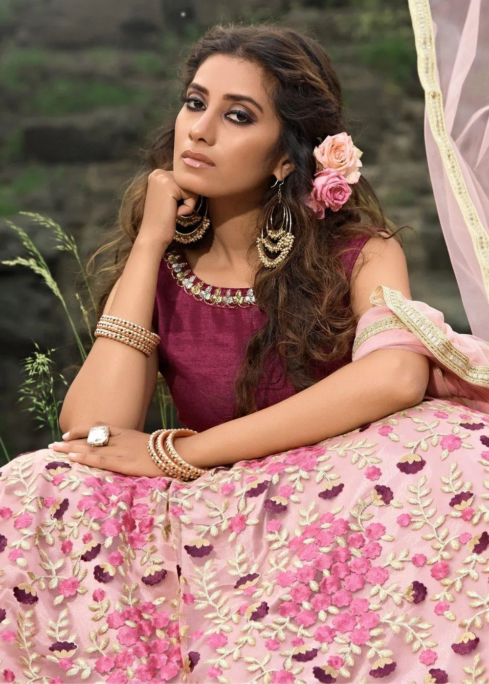 Creamy Pink Designer Soft Net Lehenga Choli with Thread & Zari work(Pre-Order)