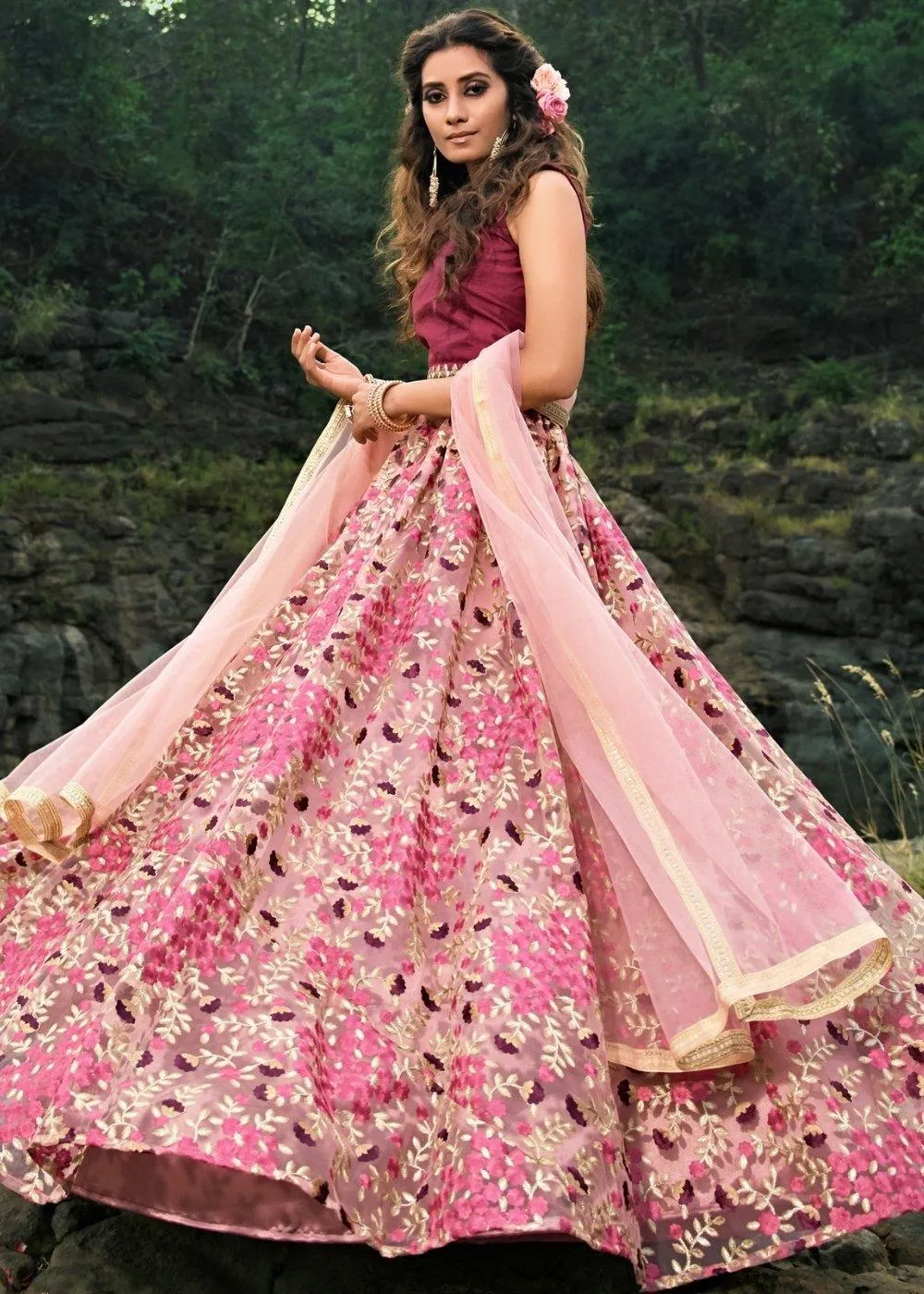 Creamy Pink Designer Soft Net Lehenga Choli with Thread & Zari work(Pre-Order)