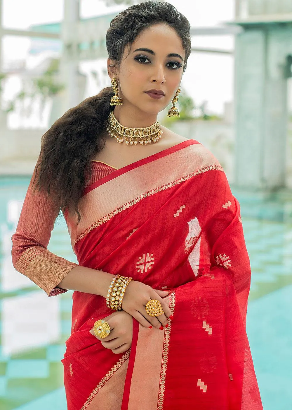 Crimson Red Zari Woven Tussar Silk Saree | Stitched Blouse