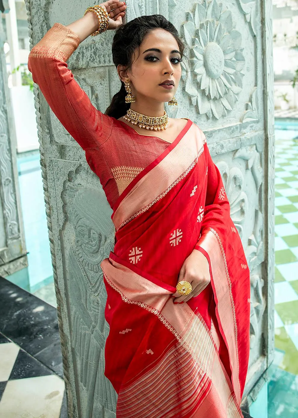 Crimson Red Zari Woven Tussar Silk Saree | Stitched Blouse